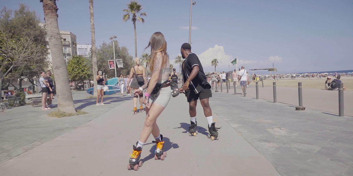 Amy roller skating by the beach in Barcelona during the Roll Tru and Open Bart Barcelona street skate during the Skate Love Barcelona Festival